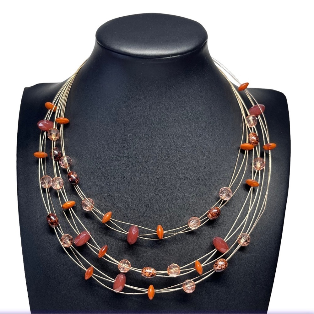 Earthtone Faceted Bead Layered Satellite Statement Boho Necklace 16-19"